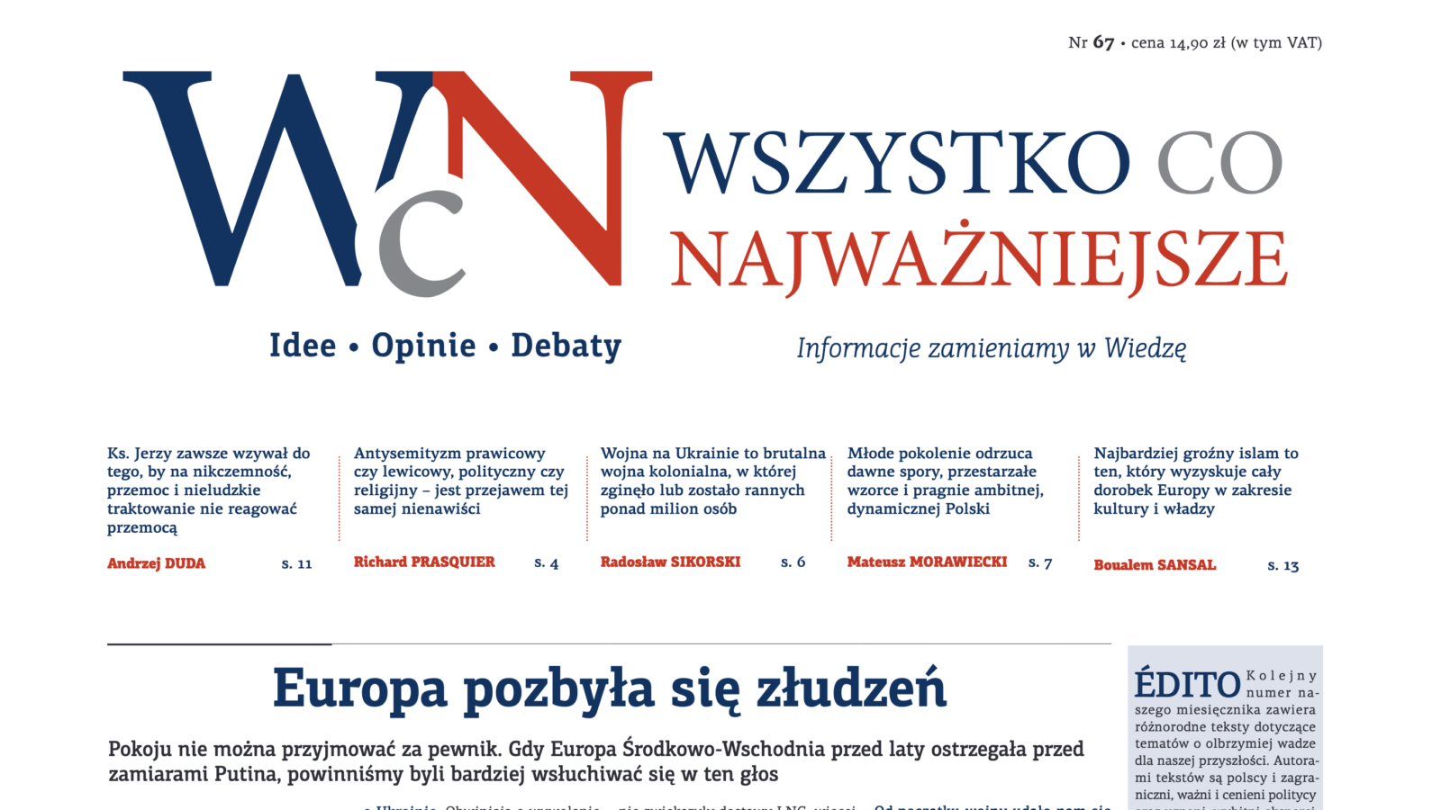 Nr 67. „Wszystko co Najważniejsze” jest już dostępny w EMPIKach, Księgarni Polskiej w Paryżu oraz wysyłkowo i w prenumeracie — w Sklepie Idei.