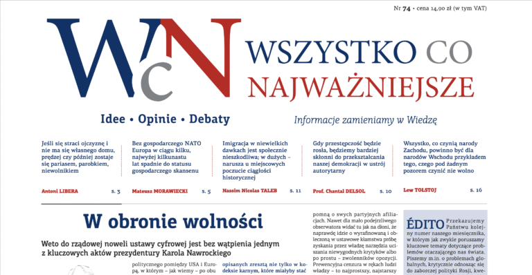 Najnowszy, 74 numer „Wszystko co Najważniejsze” jest już dostępny w EMPIK-ach, Księgarni Polskiej w Paryżu oraz wysyłkowo i w prenumeracie – w Sklepie Idei